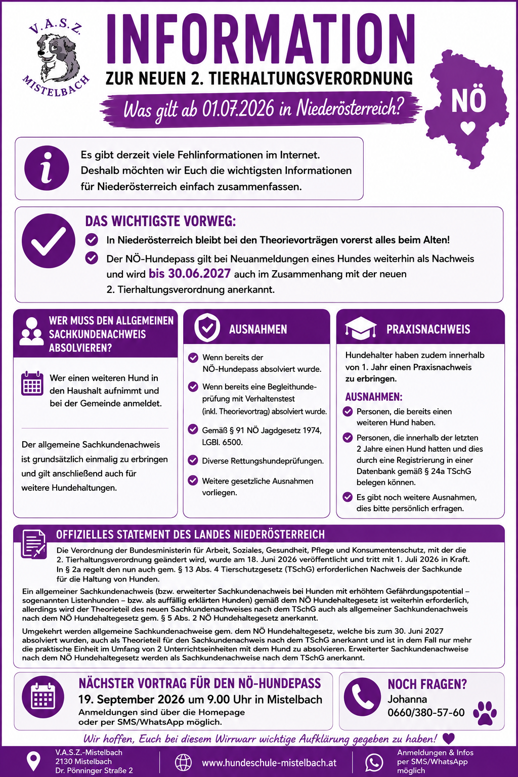 Infoblatt des V.A.S.Z. Mistelbach zur 2. Tierhaltungsverordnung